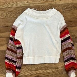 Free People White Sweater with Striped Sleeves